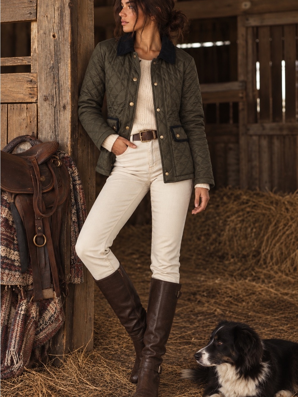 Olive Green Quilted Utility Jacket Corduroy Collar